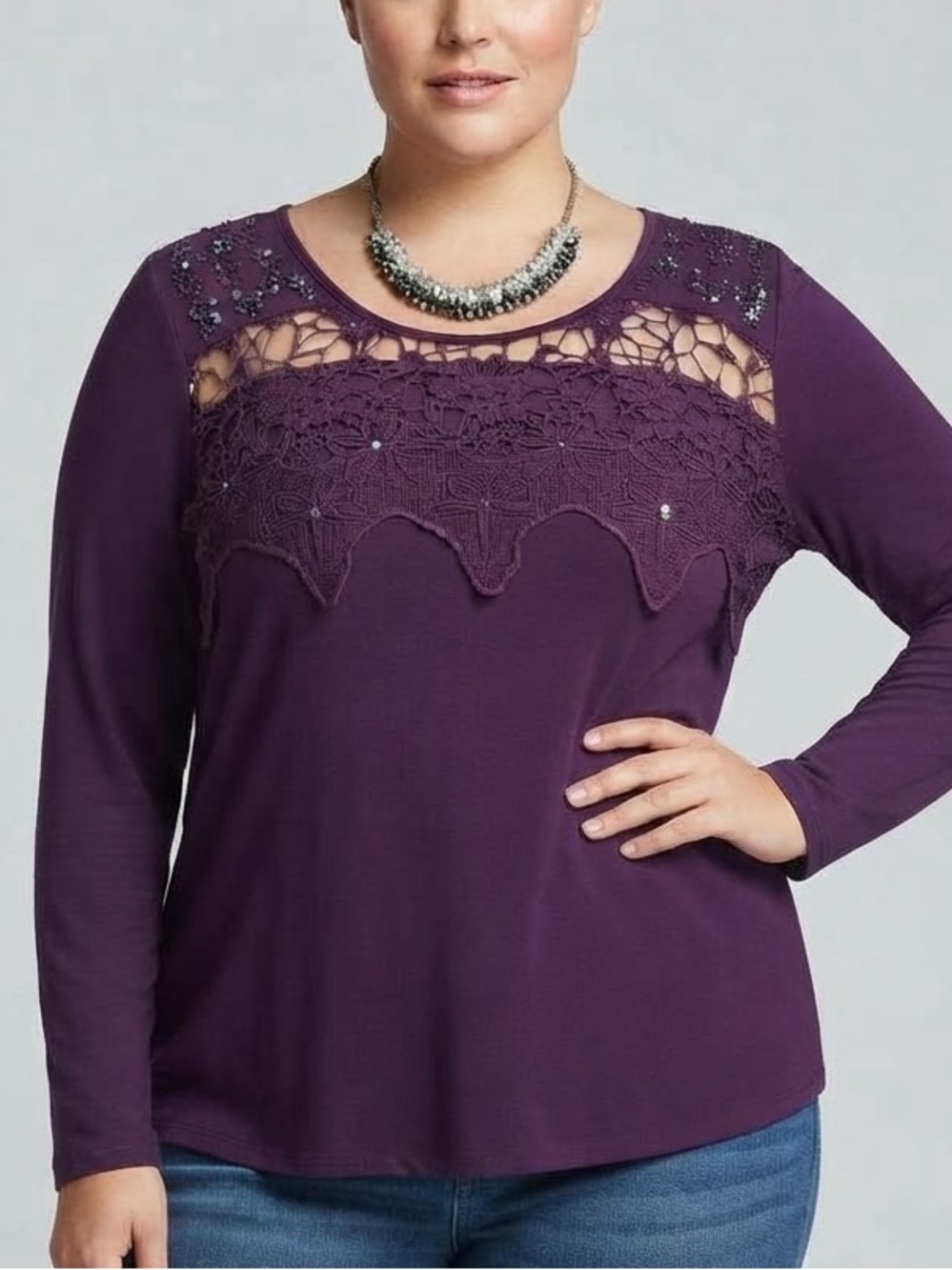 NWT TOGETHER Plum Sequin & Lace Crochet Long Sleeve Tee XL